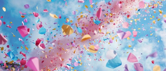 Vibrant confetti in various hues is seen soaring through the air, creating a celebratory atmosphere at a lively event. Colorful confetti flying on bright sky background.