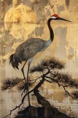 Fototapeta premium 金色の屏風風背景に松の木と優雅な鶴