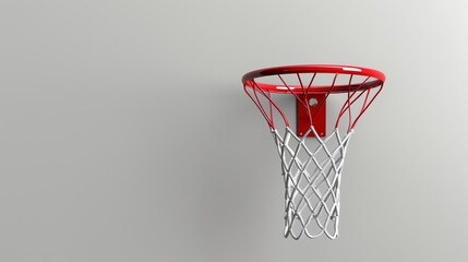 A basketball hoop is mounted on a white wall. The hoop is red and the net is white. The hoop is in focus and the wall is out of focus. - Powered by Adobe