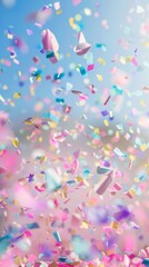 Fototapeta premium Vibrant confetti in various hues is seen soaring through the air, creating a celebratory atmosphere at a lively event. Colorful confetti flying on bright sky background.