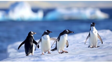 Obraz premium : A group of penguins waddling across an icy landscape, their black and white bodies standing out against the pristine snow and the deep blue of the ocean in the background,