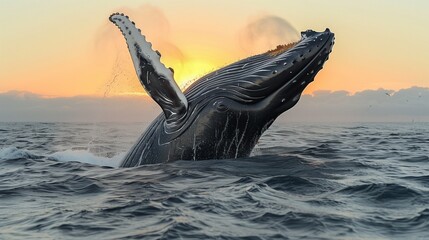 Obraz premium : A majestic humpback whale breaching the surface of the ocean, its massive body rising from the water in a graceful 