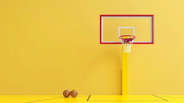 3D rendering of a basketball hoop and balls. The backboard and the balls are orange, and the hoop is red. The background is a bright yellow color.