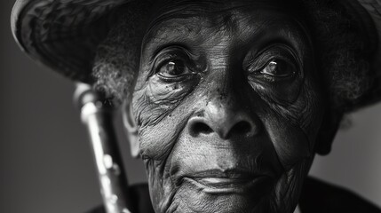 An old woman with a weathered face and a kind smile looks out from the shadows.