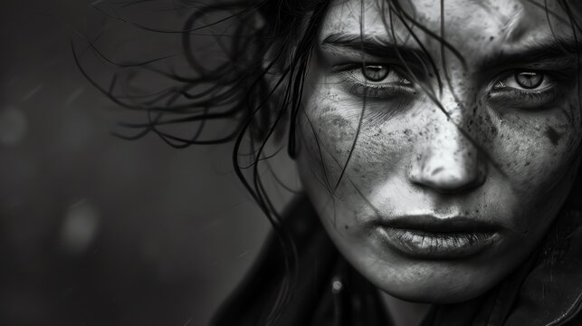 A black and white portrait of a young woman. She has short hair and a few freckles on her face.