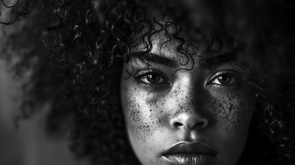 A stunning black and white portrait of a young woman with curly hair and freckles. She is looking at the camera with a serious expression.