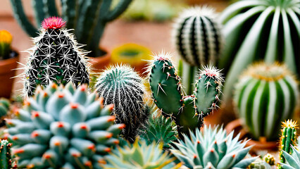 Prickly ornamental plants and a variety of cactus 16:9 with copyspace