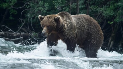 : A powerful grizzly bear fishing for salmon in a rushing river, its fur soaked and muscles rippling as it stands in the midst of the white water, surrounded by dense forest,