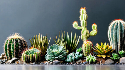 Prickly ornamental plants and a variety of cactus 16:9 with copyspace