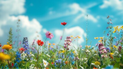 Colorful wildflowers in the meadow, blue sky background, beautiful spring landscape, sunny day, nature photography, closeup shot, bokeh effect, blurred focus on flowers, vibrant colors, natural light,