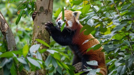 : A red panda climbing a tree in a dense forest, its bright fur contrasting against the green leaves, with a curious and playful expression on its face,
