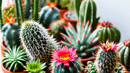 Prickly ornamental plants and a variety of cactus 16:9 with copyspace