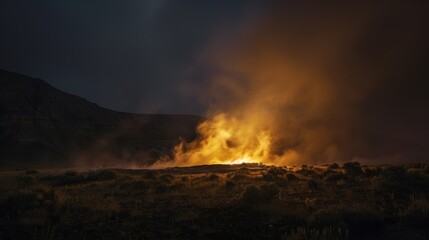 The eerie glow of a fumarole illuminated by the setting sun creating a contrast against the dark landscape.