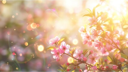 Fototapeta premium Beautiful spring background with a blooming tree branch and bokeh light effect, pastel colors, banner design, soft focus. A springtime nature scene with sunlight and sun rays. Romantic pink flowers