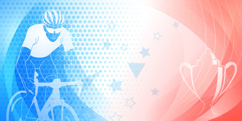 Cycling themed background in the colors of the national flag of France, with sport symbols such as an athlete cyclist and a cup, as well as abstract curves and dots