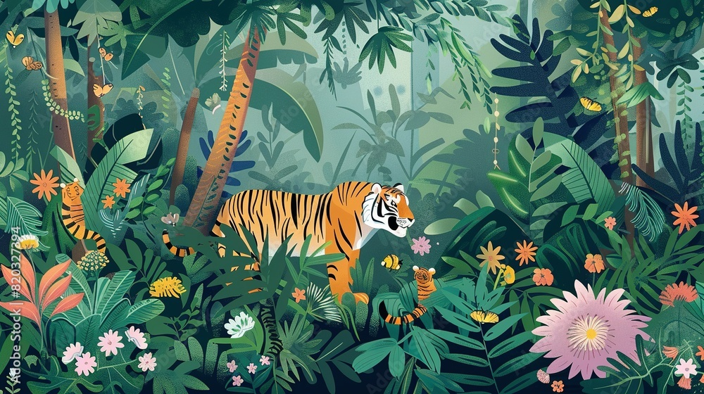 Wall mural Jungle Tropical Illustration: Exotic Floral Background with Palm Trees, Plants, and Wild Animals - Wall murals