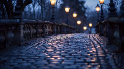 A cobblestone bridge is illuminated by the soft light of gas lamps perfect for a nighttime stroll.