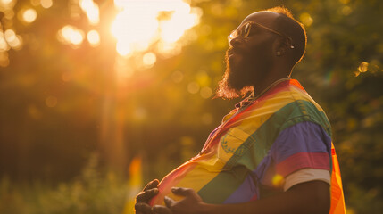 Pregnant black transgender man cradling baby bump wearing rainbow flag celebrating pride month inclusion & diversity in gay lgbtq+ community. Golden hour copy space