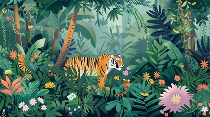 Jungle Tropical Illustration: Exotic Floral Background with Palm Trees, Plants, and Wild Animals