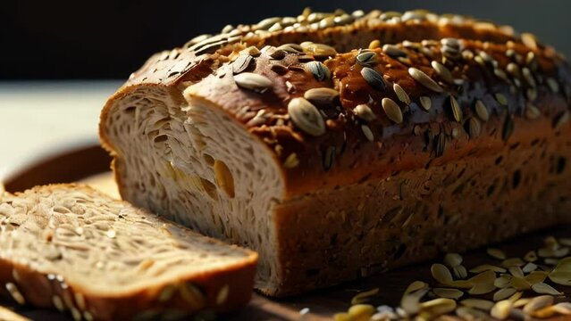 Multigrain Bread Loaf on Ceramic Plate.,Sliced multigrain bread with a variety of seeds and grains