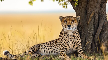 : A beautiful cheetah resting under the shade of a solitary tree on the African savannah, its eyes scanning the horizon, with the vast golden grasslands stretching out into the distance,