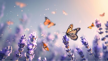 Fototapeta premium a butterfly on lavender flowers with other butterflies flying around, on the right side of the photo is a clear blue sky. In front there are more purple and white lavender plants. 