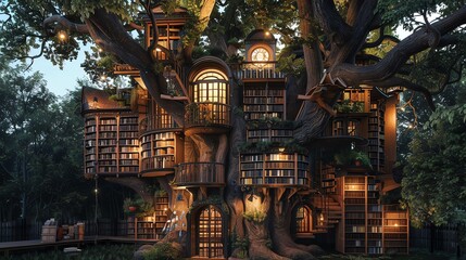 Obraz premium Enchanting treehouse library with warm lighting nestled among lush trees, perfect for reading and relaxation in nature.