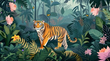 Jungle Tropical Illustration: Exotic Floral Background with Palm Trees, Plants, and Wild Animals