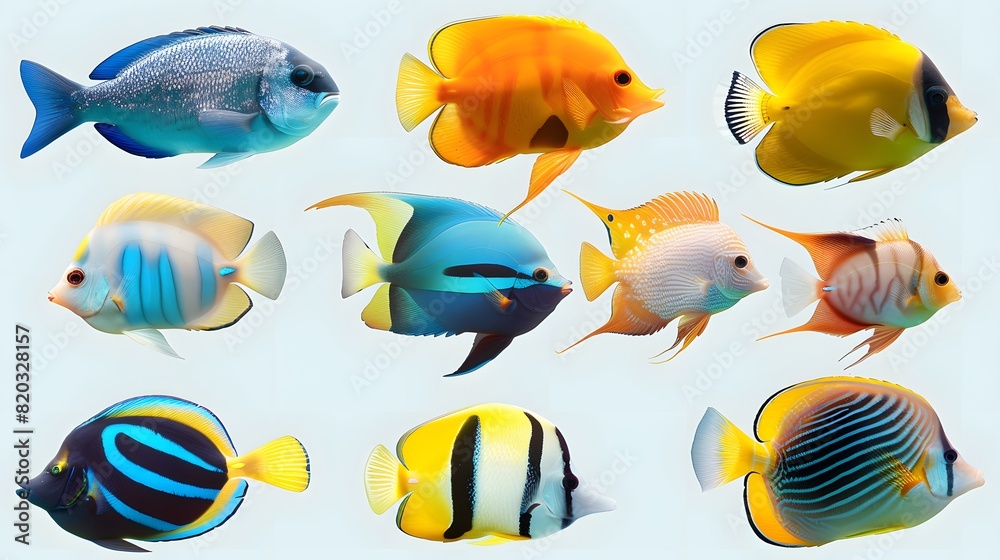 Wall mural Collection of tropical ocean bright fish isolated on background, marine life with colorful fishes, aquarium underwater world concept. - Wall murals