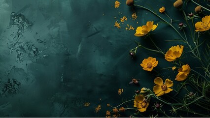yellow flowers with bees on green background, banner format, copy space for text in the right side, high resolution photography