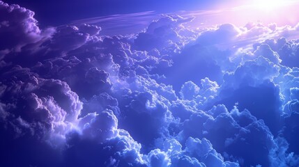 A serene image of pearly white clouds shining against the deep indigo sky creating a peaceful atmosphere.