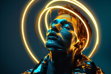 Neon Veil
A portrait of a man with neon lights around his head. Symbolizes futurism, innovation, and modern art. Perfect for campaigns focused on technology, fashion, and creative projects