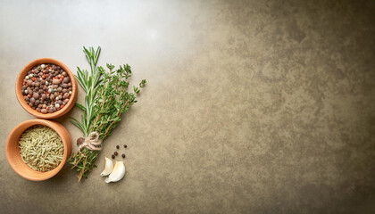 Bowls of mixed peppercorns and fennel seeds, alongside fresh herbs and garlic cloves, arranged on a textured surface. Generative Ai.