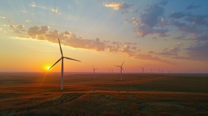 The gentle breeze at sunset is transformed into a powerful force as it turns the wind turbines with ease.