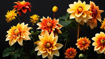 Colourful dahlia orange and yellow colour flowers and light designs black background high-quality studio photography artificial light 16:9 with copyspace