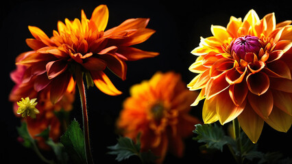 Colourful dahlia orange and yellow colour flowers and light designs black background high-quality studio photography artificial light 16:9 with copyspace