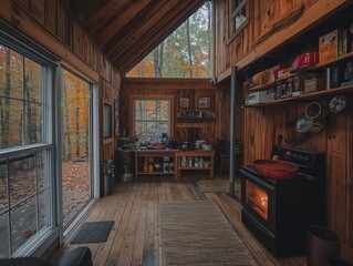 A cozy cabin with a wood stove and a kitchen. The kitchen has a lot of items on the counter and a lot of windows