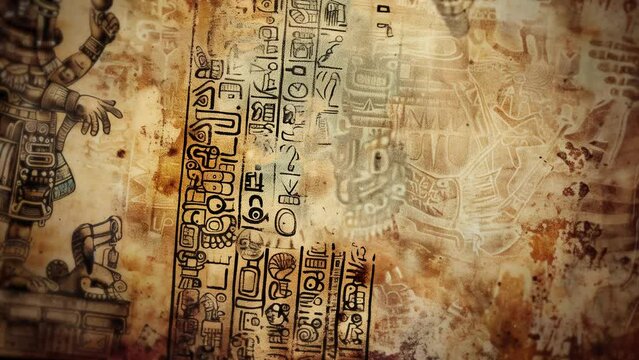 Ancient Maya manuscript, with Aztec style symbols and hieroglyphics, with a drawing of a shaman, for an apocalyptic prophecy. Old, dirty and textured paper with arcane inscriptions in the background
