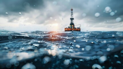 Obraz premium As oil is extracted from deep below the surface a slick sheen forms on the ocean a reminder of the rigs impact on the environment.