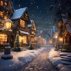 Winter night in the village. Christmas and New Year holidays concept.