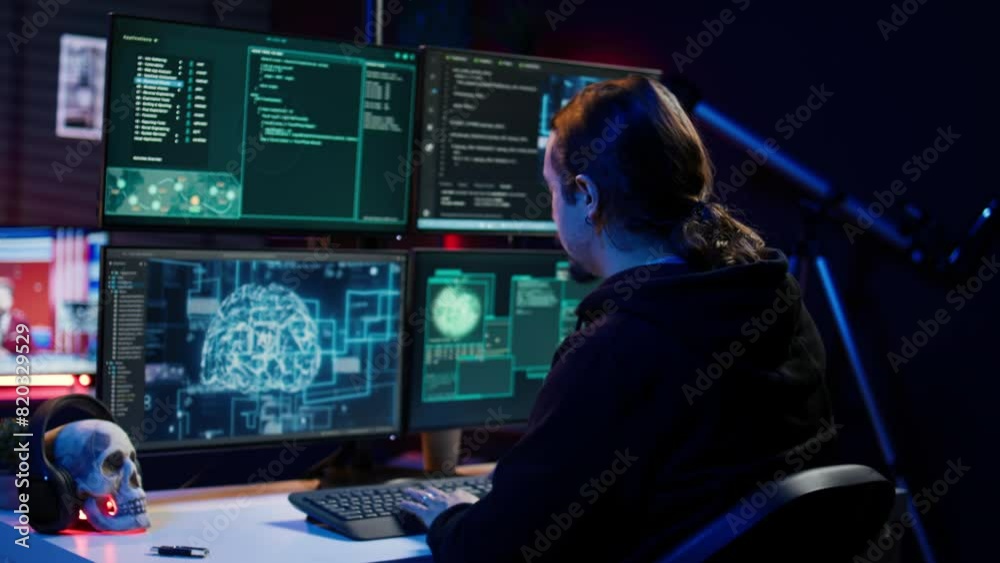 Poster hacker drinking coffee while running artificial intelligence spyware software designed to gather inf
