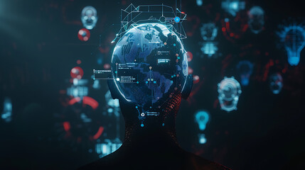 Naklejka premium The central figure in the image appears to be a person with a blurred face, emphasizing privacy. Their head is surrounded by various technology and AI icons
