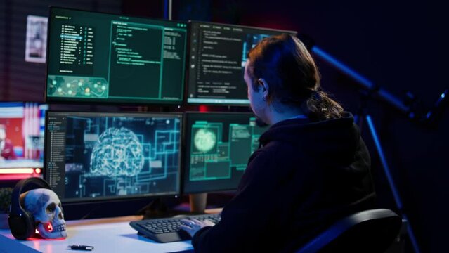 Hacker drinking coffee while running artificial intelligence spyware software designed to gather information from users. Script kiddie doing illegal stuff using AI, consuming beverage, camera B