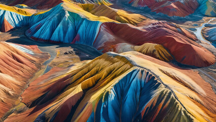 Aerial view on the most colorful section of rainbow mountains 16:9 with copyspace