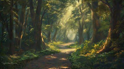 a serene forest path winding through tall, ancient trees with sunlight streaming through the canopy, creating dappled patterns on the leafy ground. Birds can be heard chirping in the backgroun