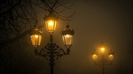 A foggy night adds an eerie element to the old gas lamps making them seem almost haunted.