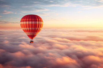 Fototapeta premium Colorful hot air balloon floats over a sea of clouds at sunset