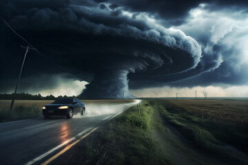 Tornado in a field in the USA with car on road in field under stormy dark sky