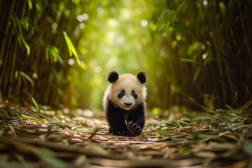Fototapeta premium Adorable Panda Cub in a Bamboo Grove