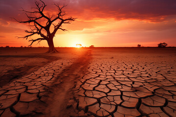 Dry dead tree in desert with a dry, cracked ground on sunset